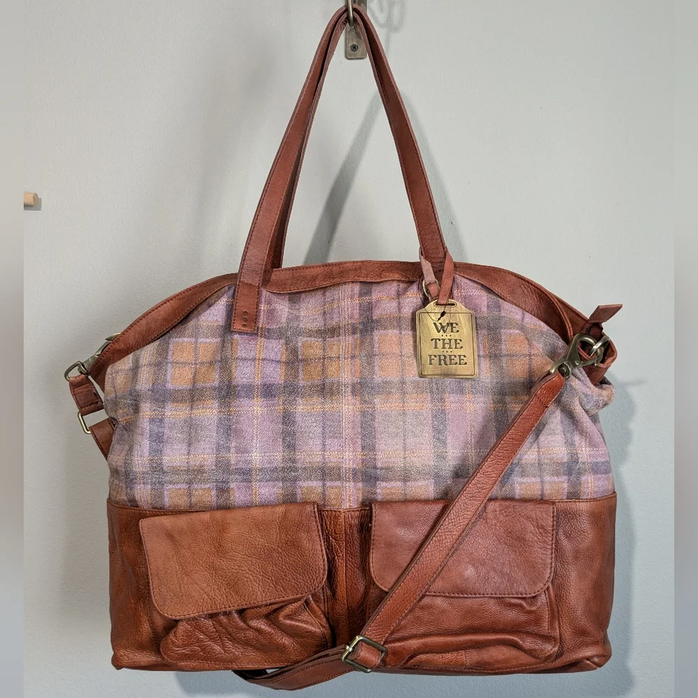 Free People We the Free Leather Rockport Tote Madras Plaid - Picture 3 of 12